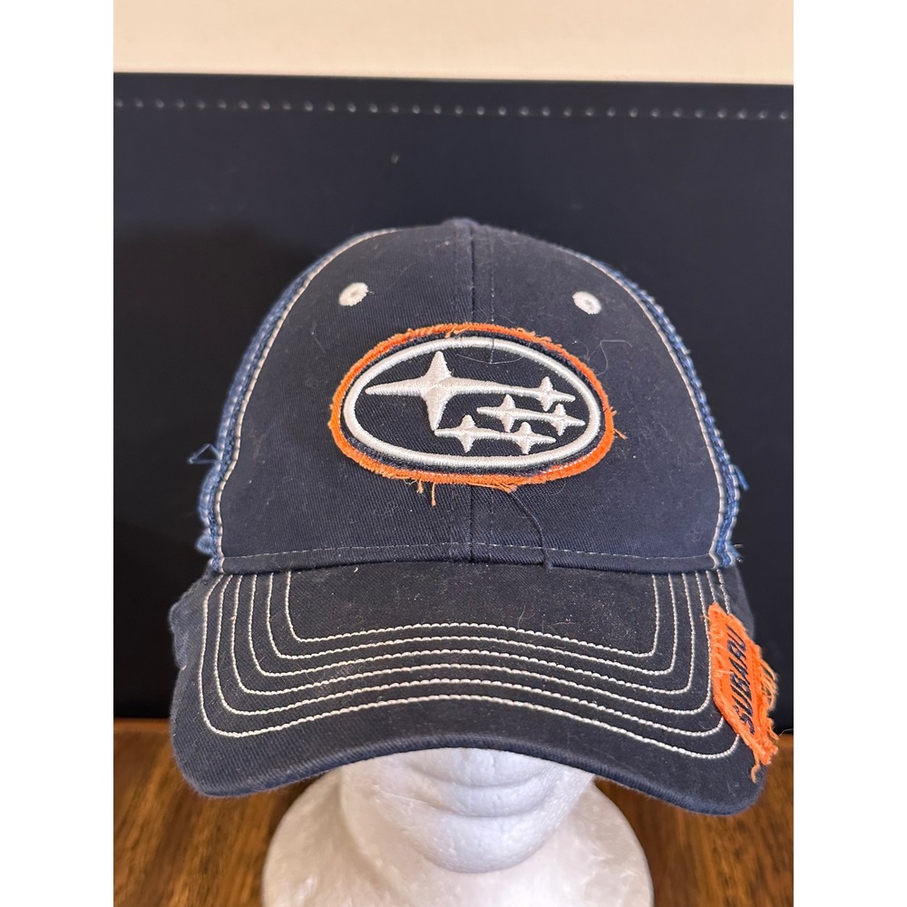 Subaru Navy Blue Distressed Trucker Hat Mesh Snapback Cap Orange Logo Hat